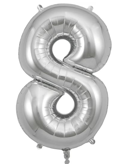 Silver number 8 foil balloon on a white background