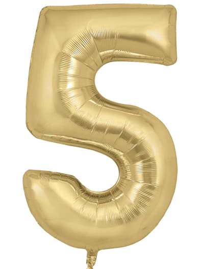 Gold foil balloon shaped like the number 5