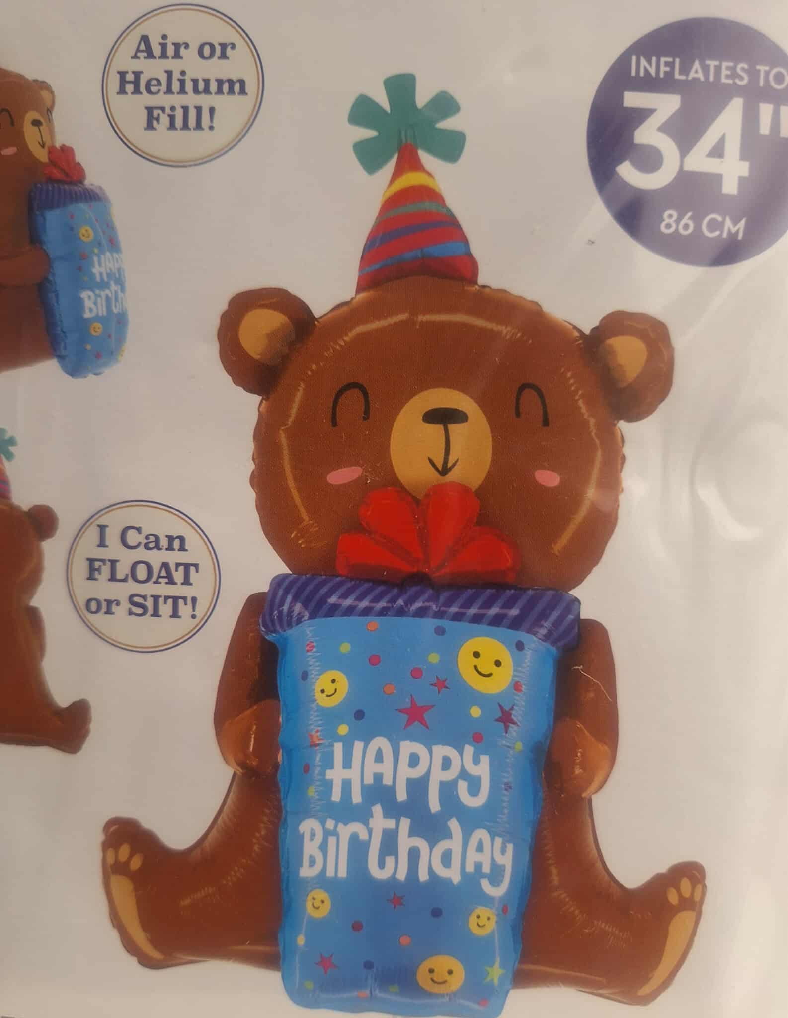 Birthday bear balloon holding a blue "Happy Birthday" gift