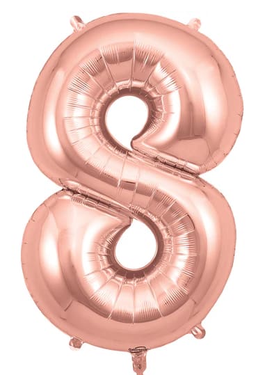 Rose gold number 8 foil balloon on a white background