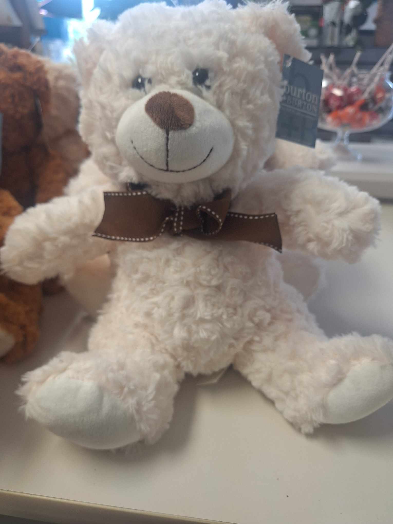 White plush teddy bear with a brown bow tie