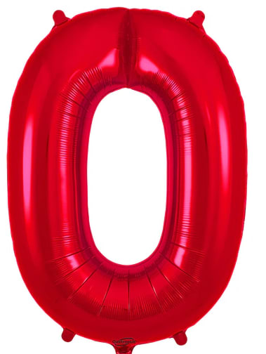 Red metallic balloon shaped like the number 0