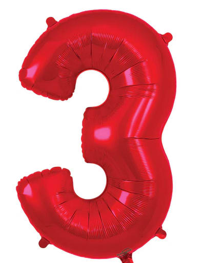 Red foil balloon shaped like the number 3
