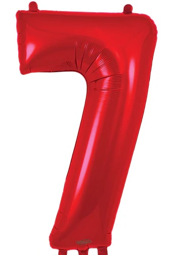 Red number 7 foil balloon on a white background