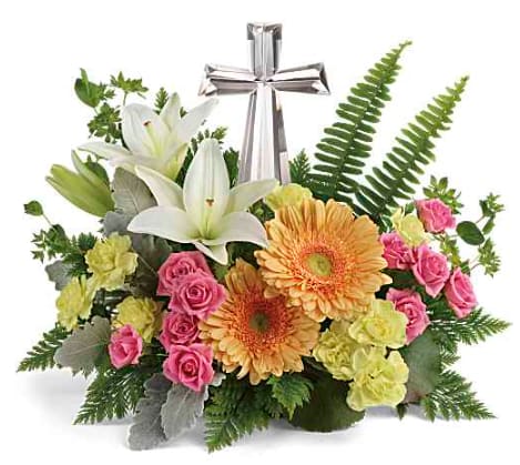 Mixed bouquet with white lilies, pink roses, and orange gerbera daisies