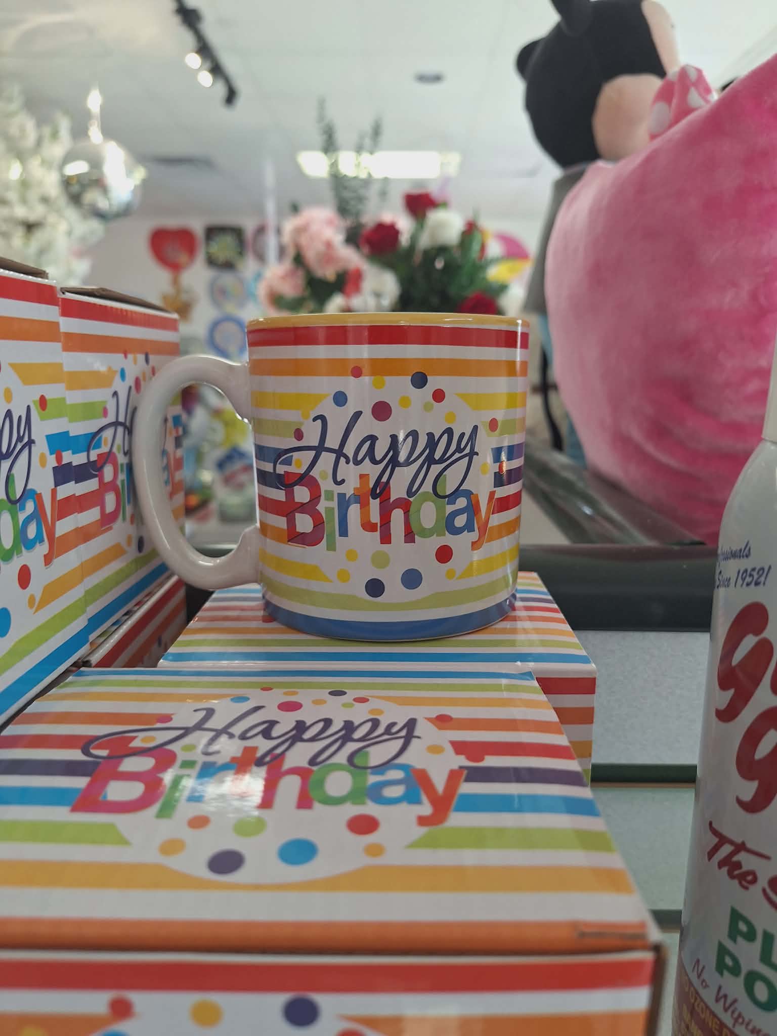 Birthday mug and matching gift box with colorful stripes and polka dots