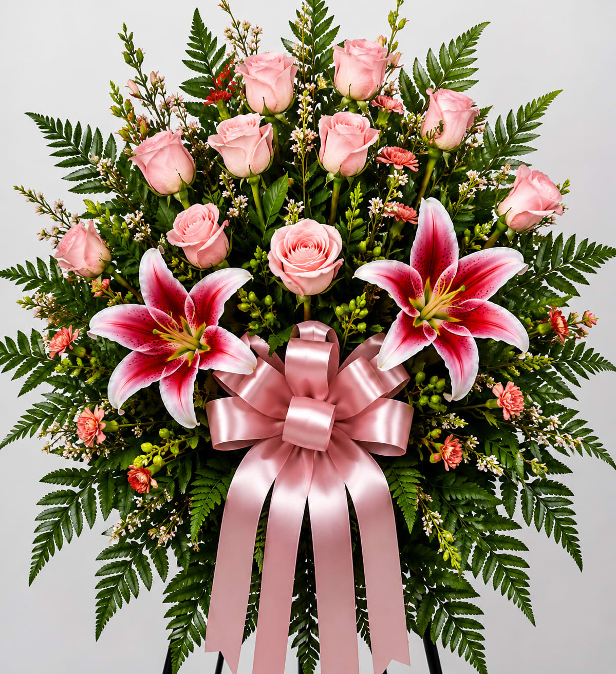 Pink Standing Spray - Pink roses, pink lilies, with a pink bow make this spray really stand out