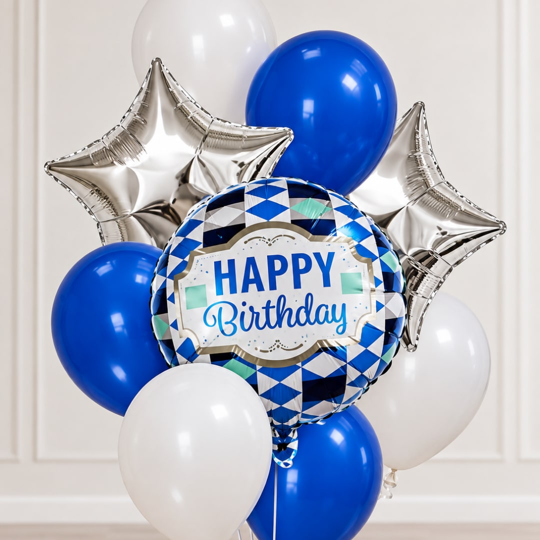 Birthday balloon bouquet with blue, white, and silver balloons
