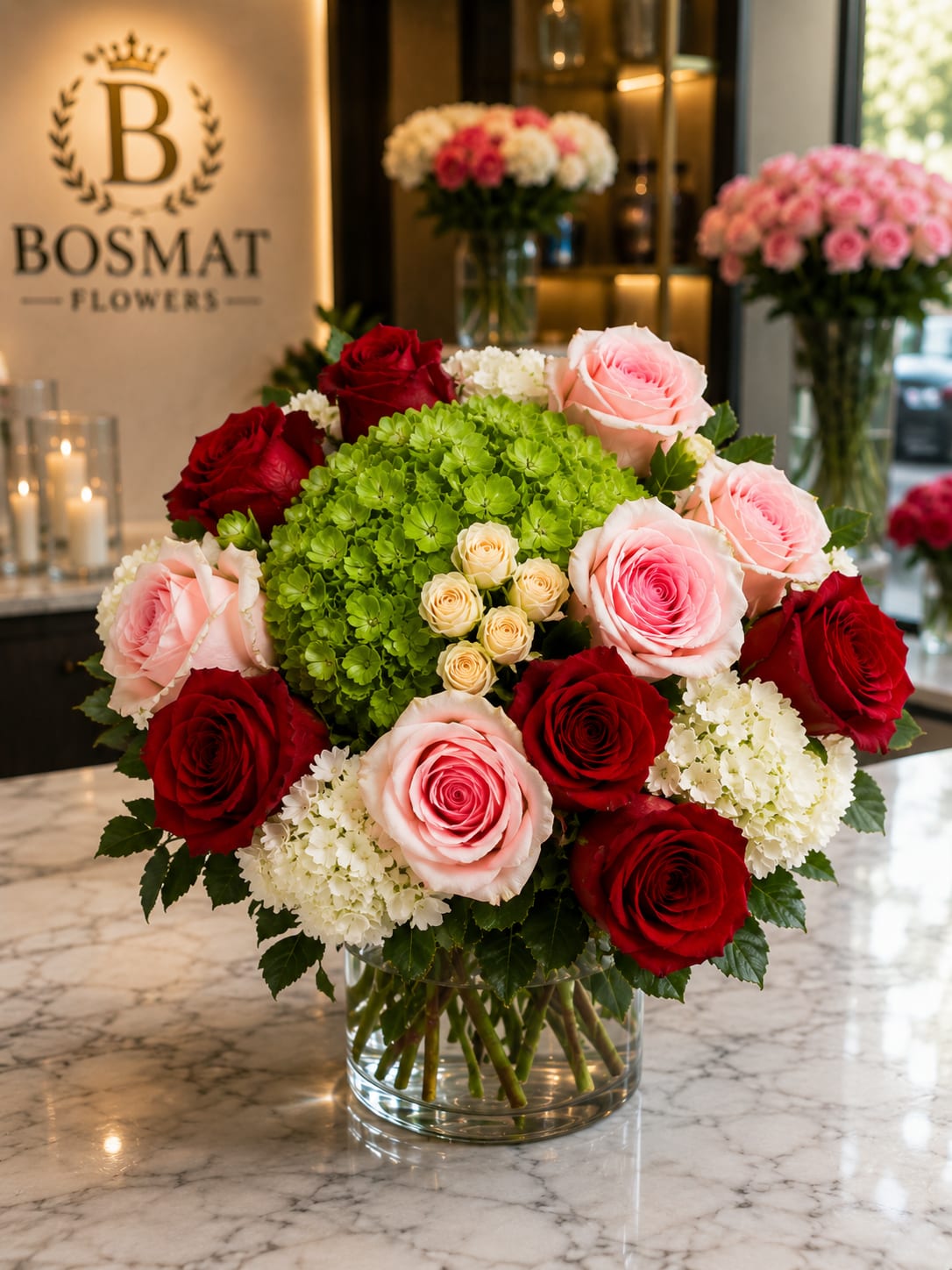 Bouquet of red and pink roses with white hydrangeas in a clear glass vase