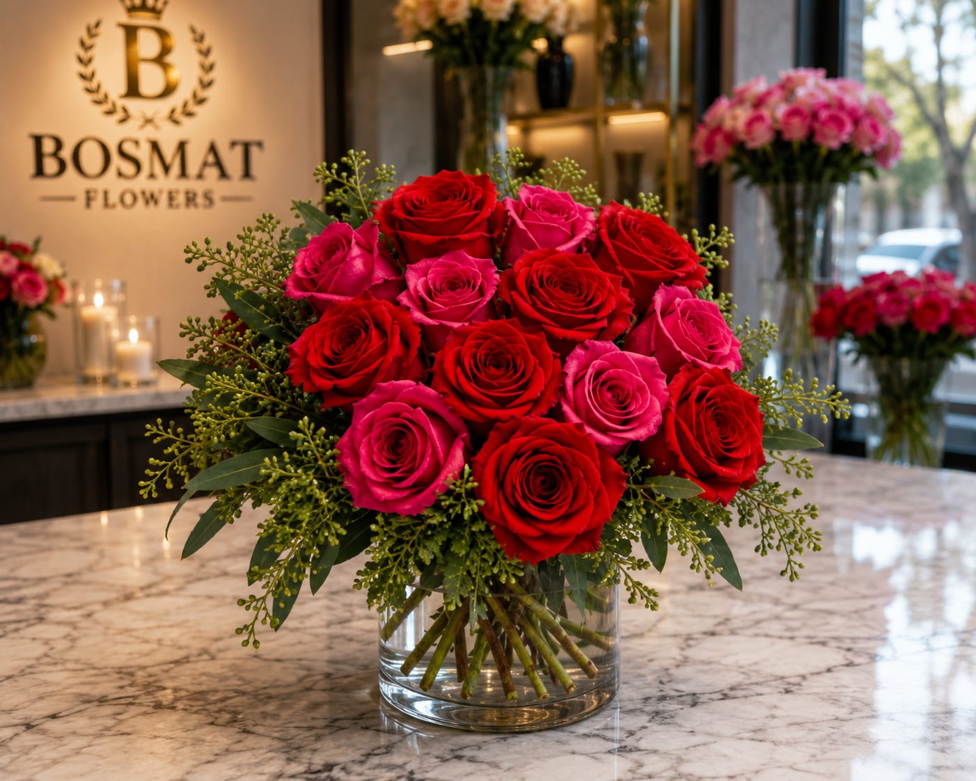 Bouquet of red and pink roses in a clear glass vase