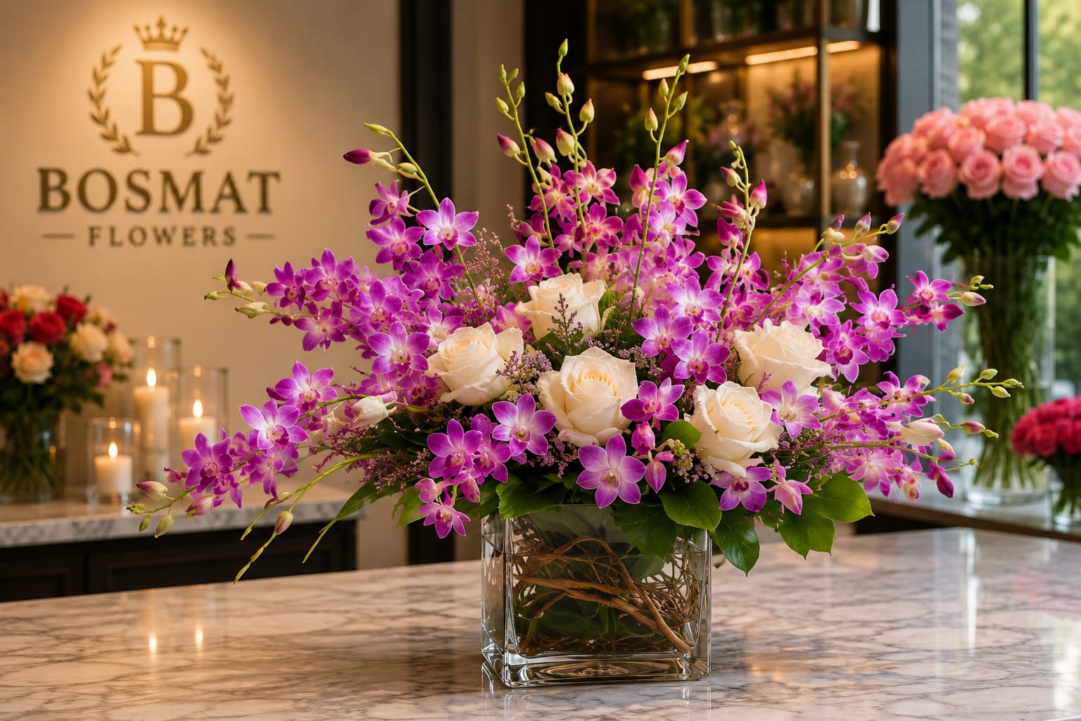 Purple orchids and white roses arranged in a clear glass vase
