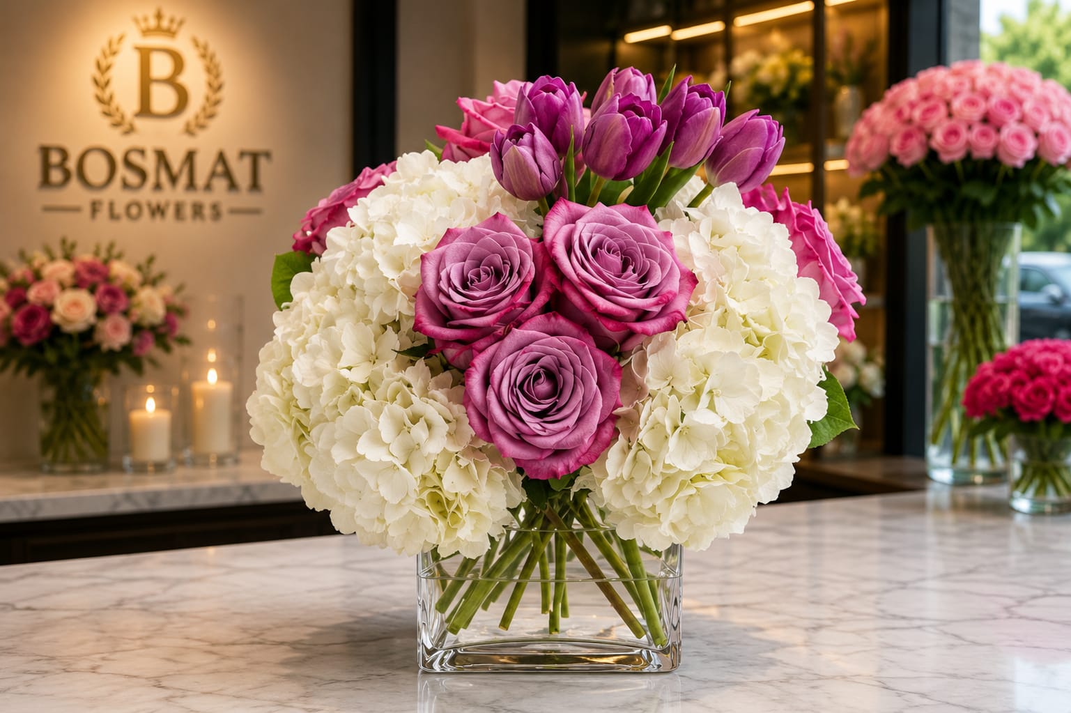 Pink roses and purple tulips in a clear glass vase with white hydrangeas
