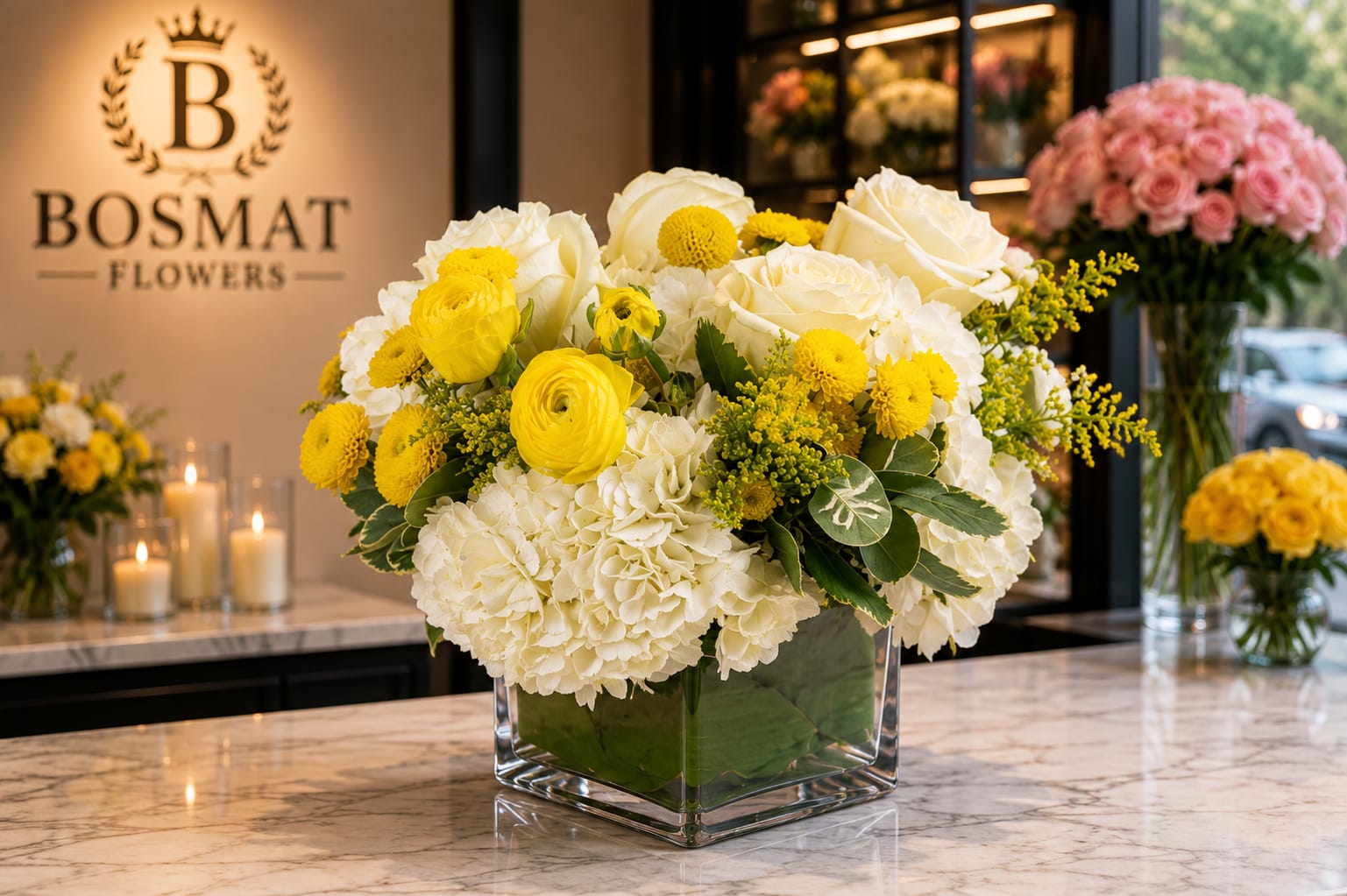 Yellow and white flower arrangement in a square glass vase