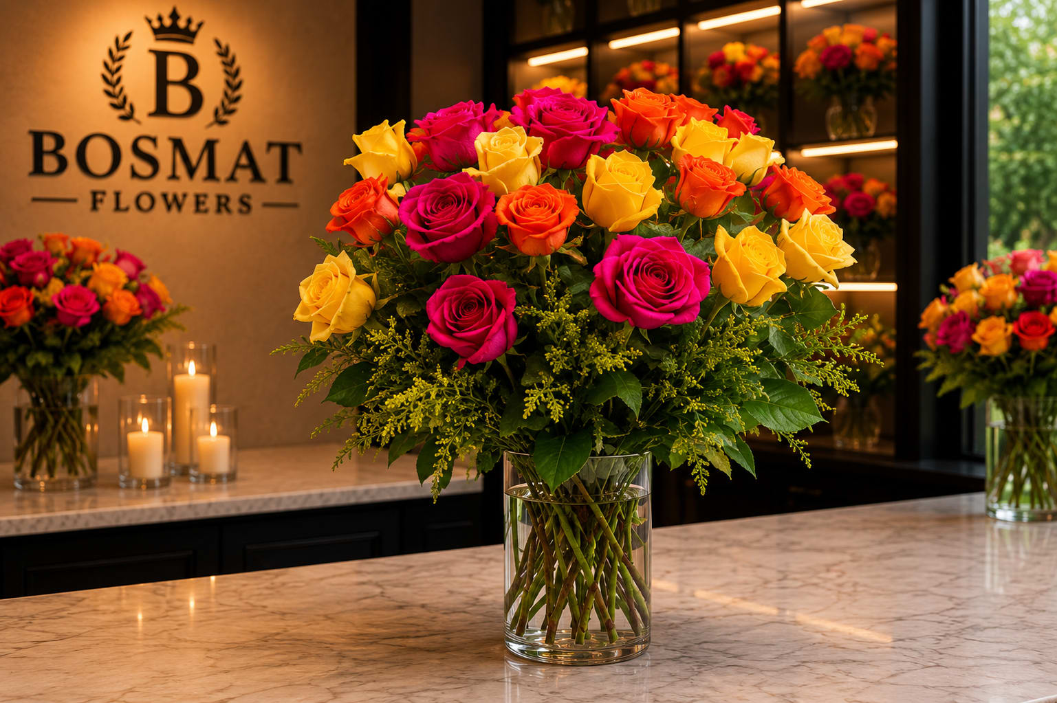 Bouquet of pink, yellow, and orange roses in a clear glass vase