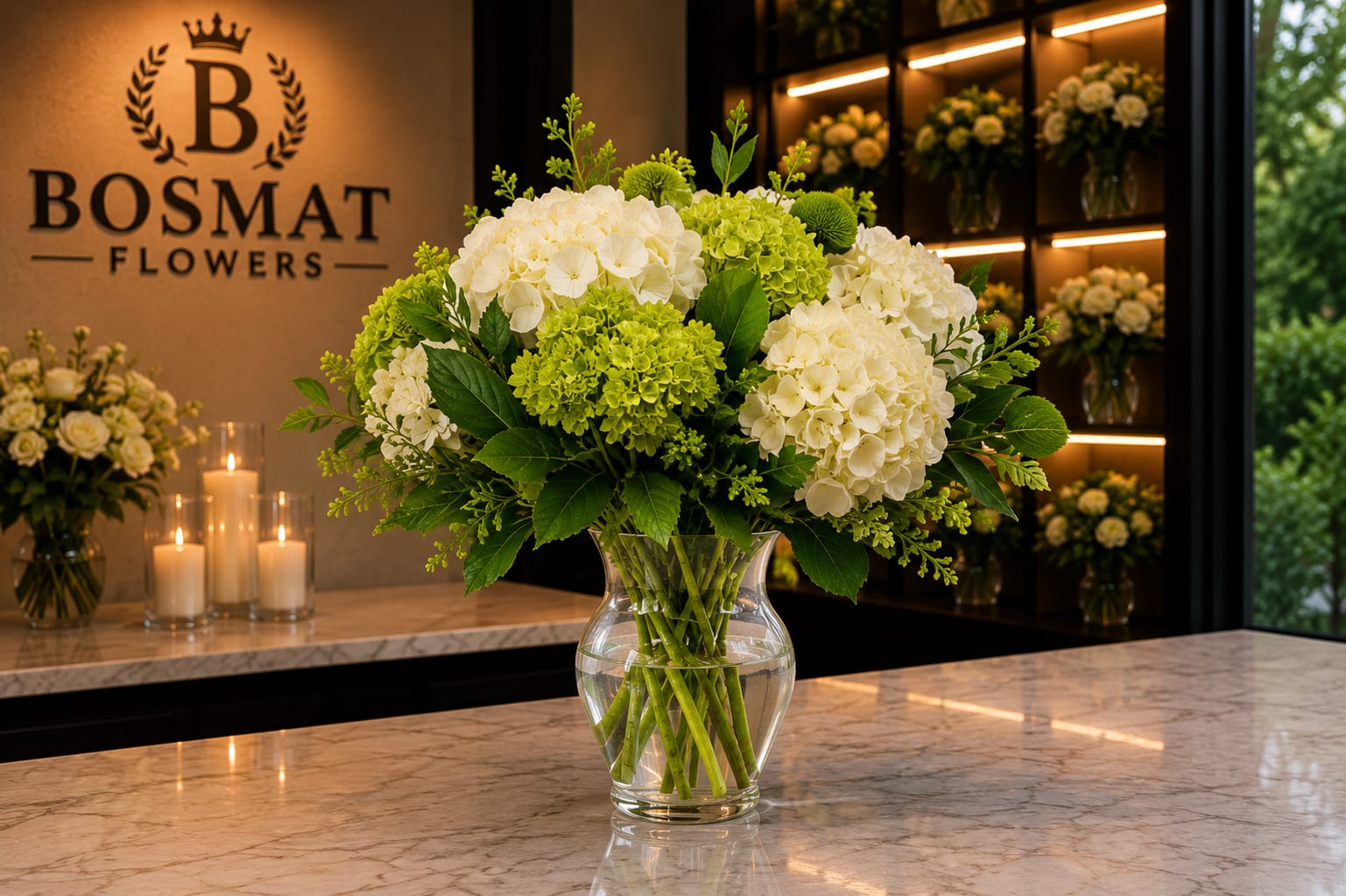 White and green hydrangea arrangement in a clear glass vase