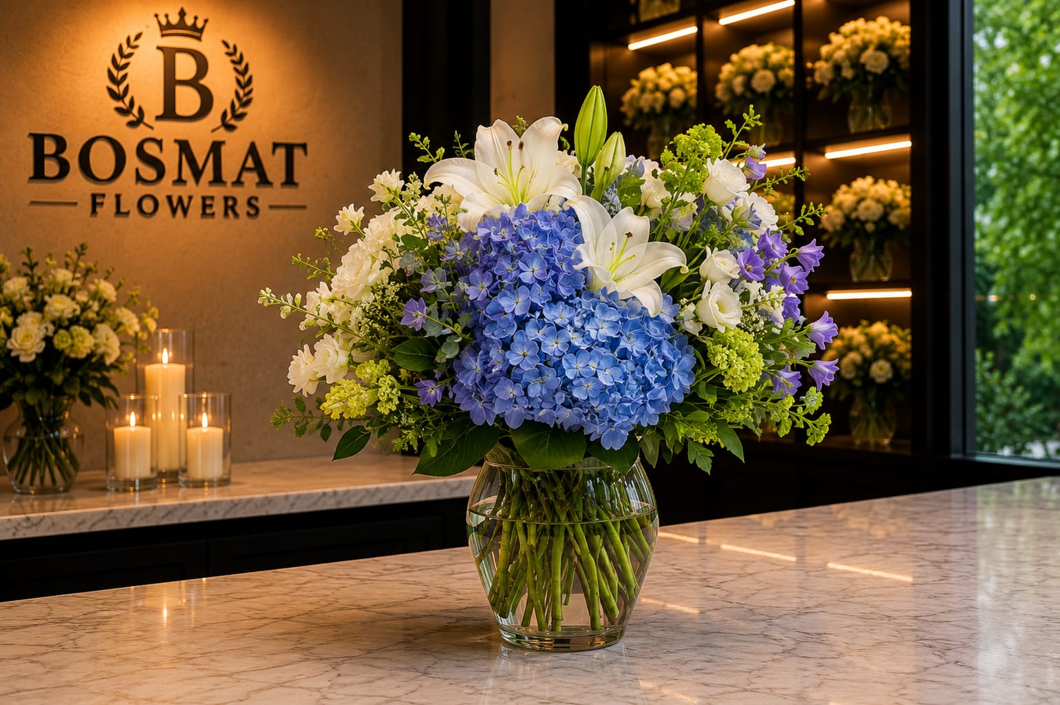 Blue hydrangeas and white lilies in a glass vase