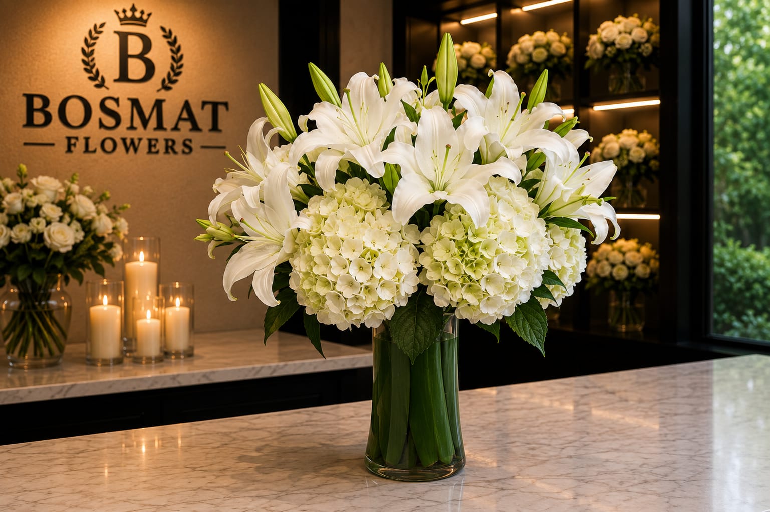 White lilies and pale hydrangeas in a glass vase
