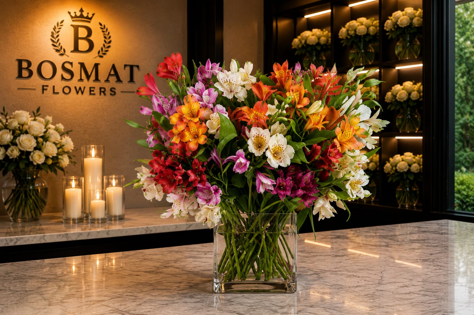 Large mixed bouquet of colorful alstroemeria in a clear glass vase