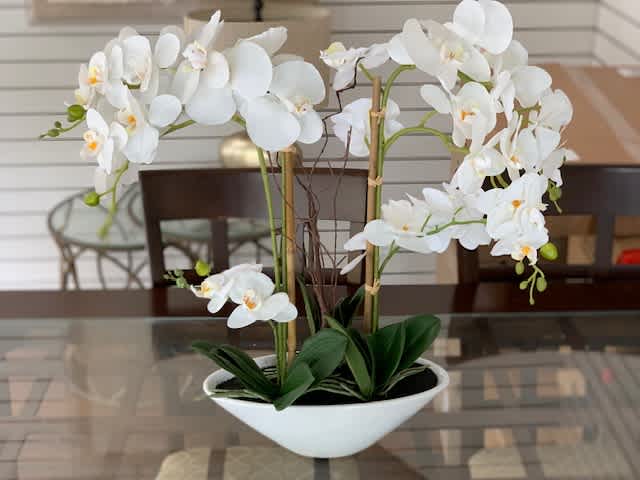 White orchid arrangement in a white bowl planter