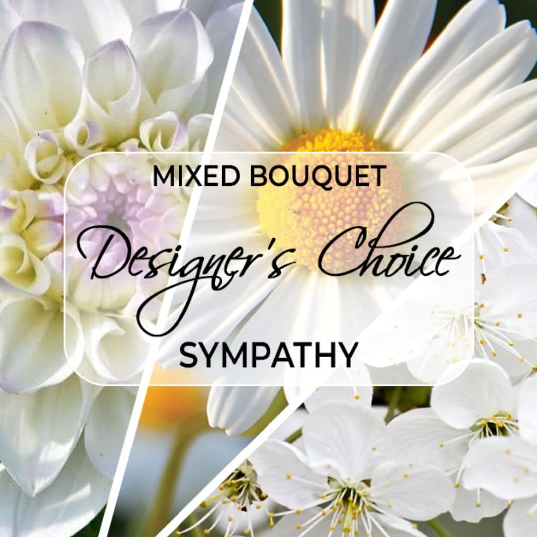 Designer's Choice Sympathy Handheld Bouquet  - Our Designer's Choice handheld bouquet is made of a mix of all white seasonal and premium blooms; this bouquet is a thoughtful and comforting way to express your heartfelt condolences during times of bereavement.  Wrapped in brown paper or premium floral paper once you upgrade to deluxe or premium.  Delivered in a Vase. 