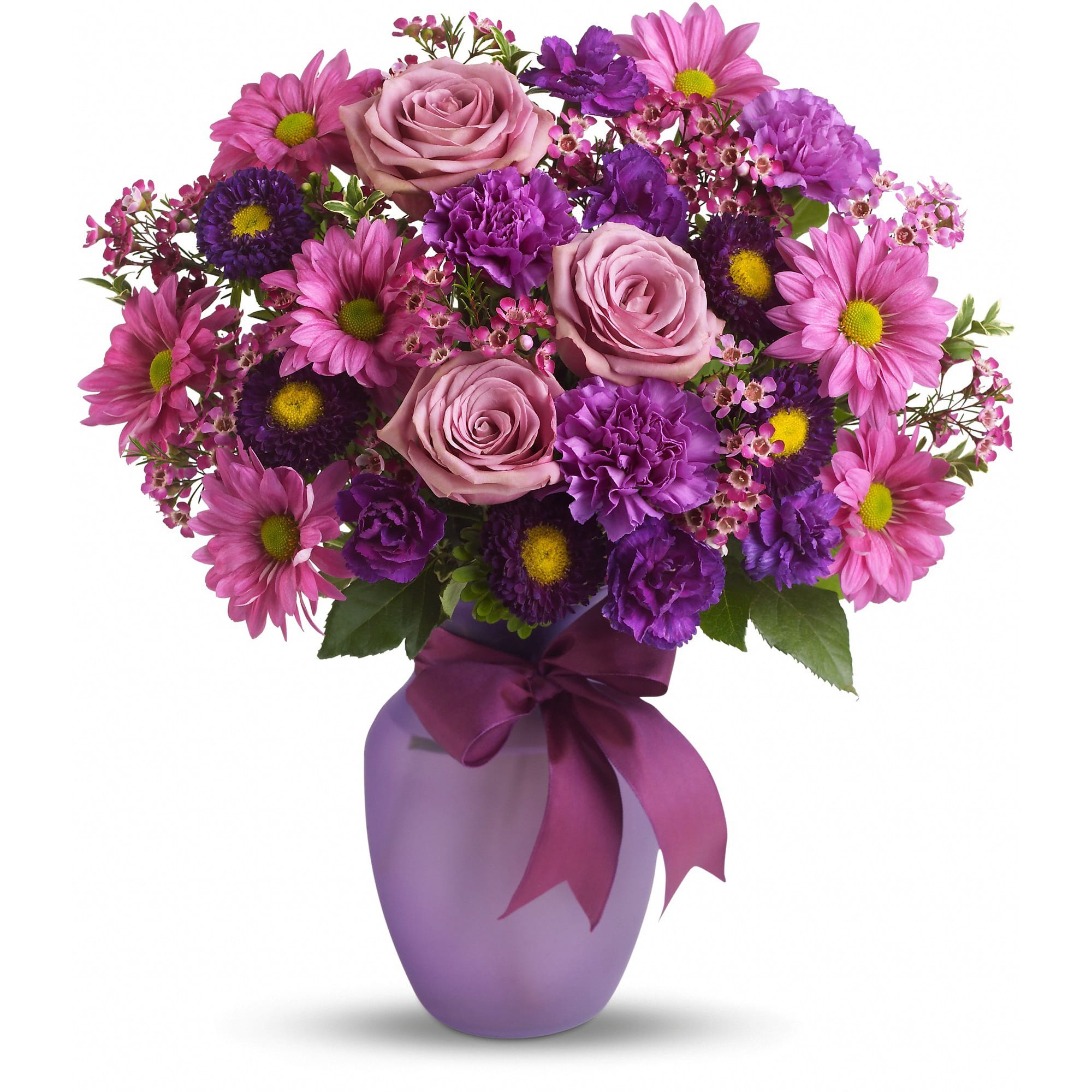 Pink and purple mixed bouquet in a lavender vase with a ribbon