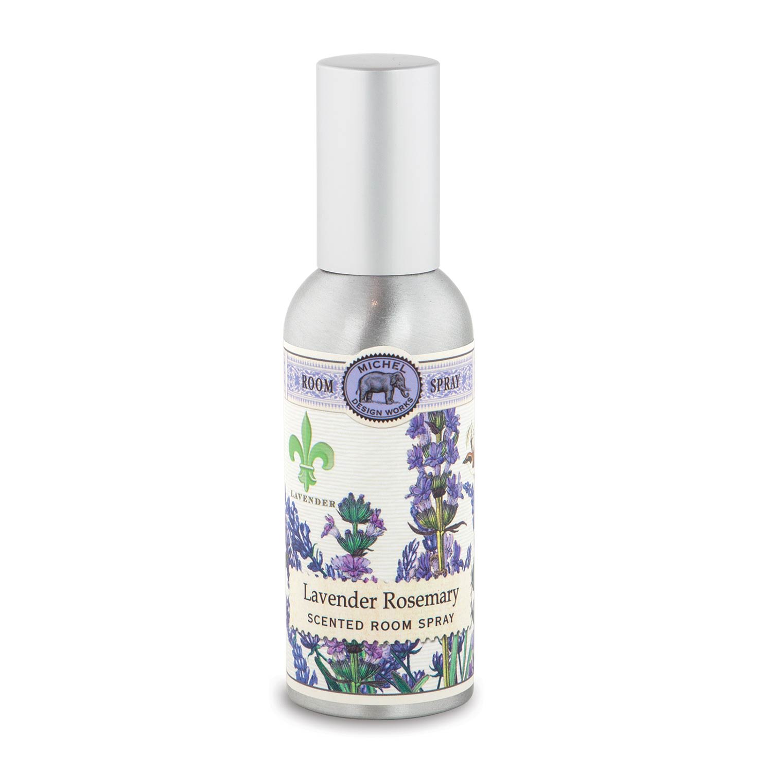 Lavender rosemary scented room spray bottle with floral label