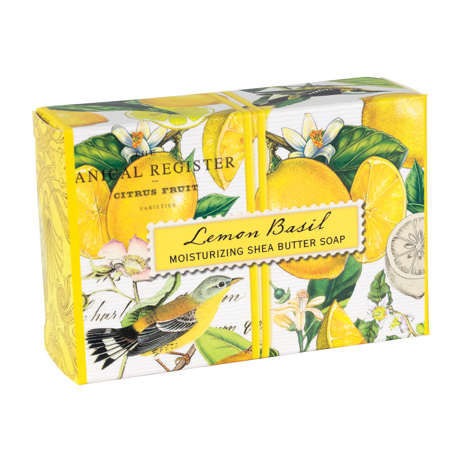 Lemon basil moisturizing shea butter soap box with citrus illustrations