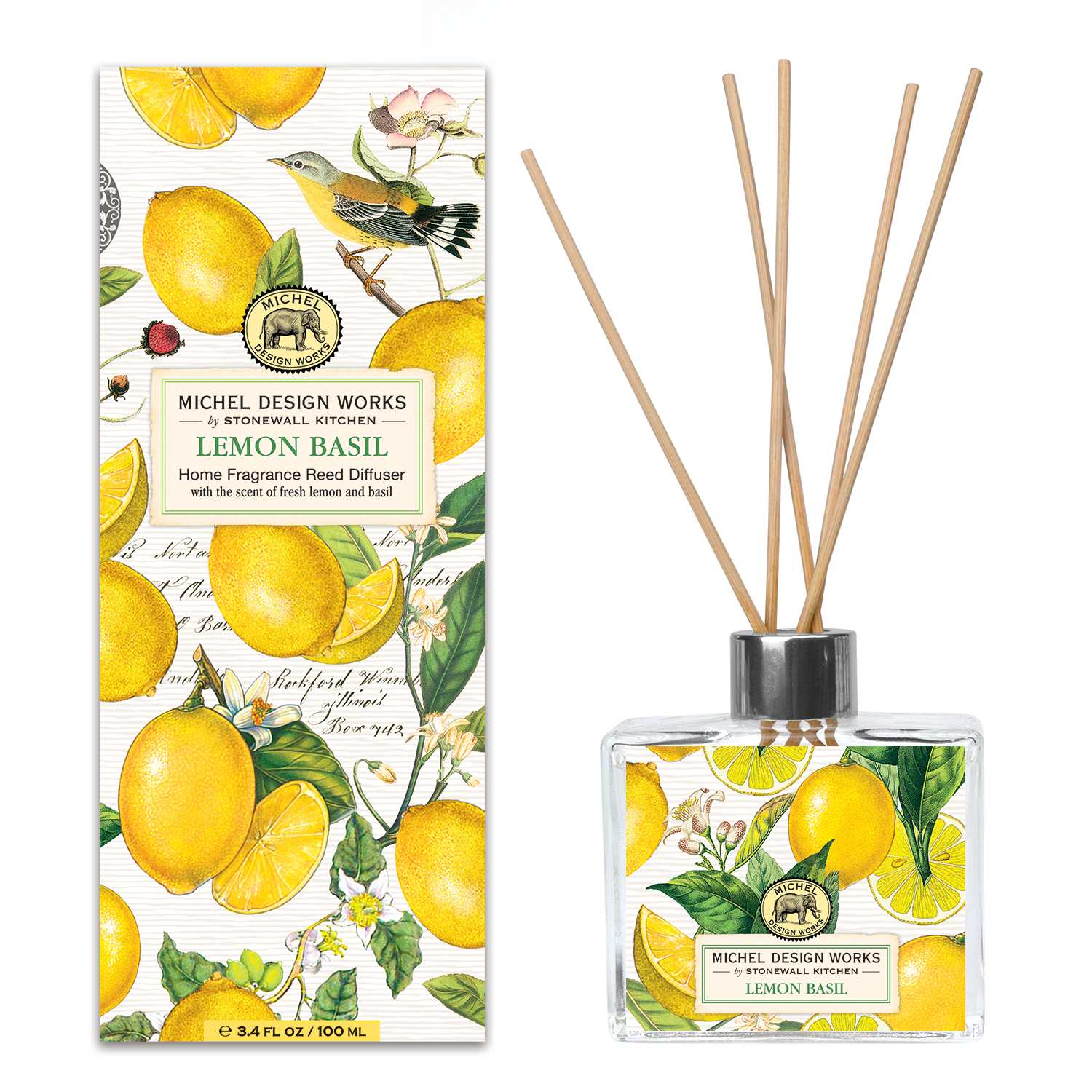Lemon basil reed diffuser with wooden sticks in a glass bottle