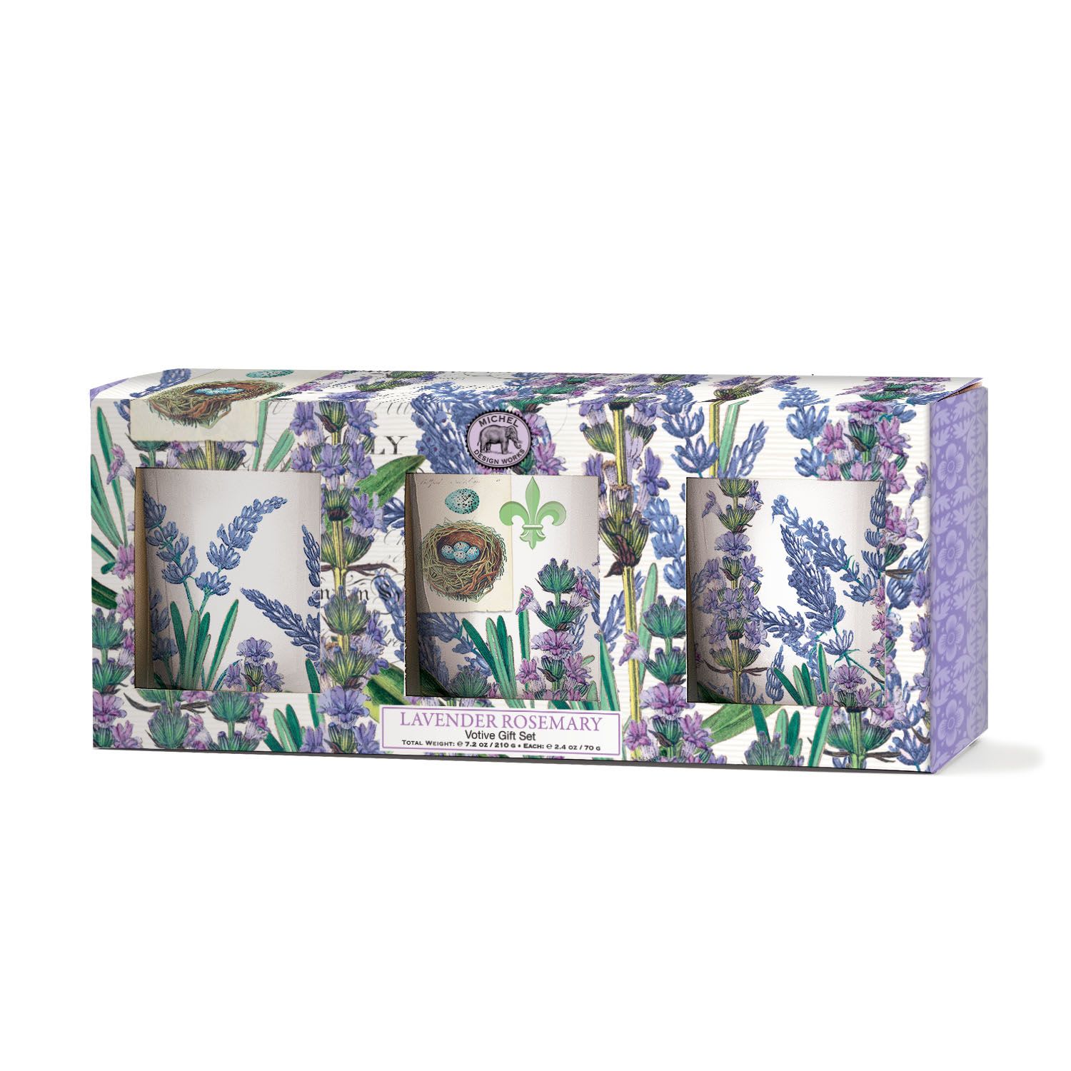 Lavender rosemary votive gift set in a patterned box