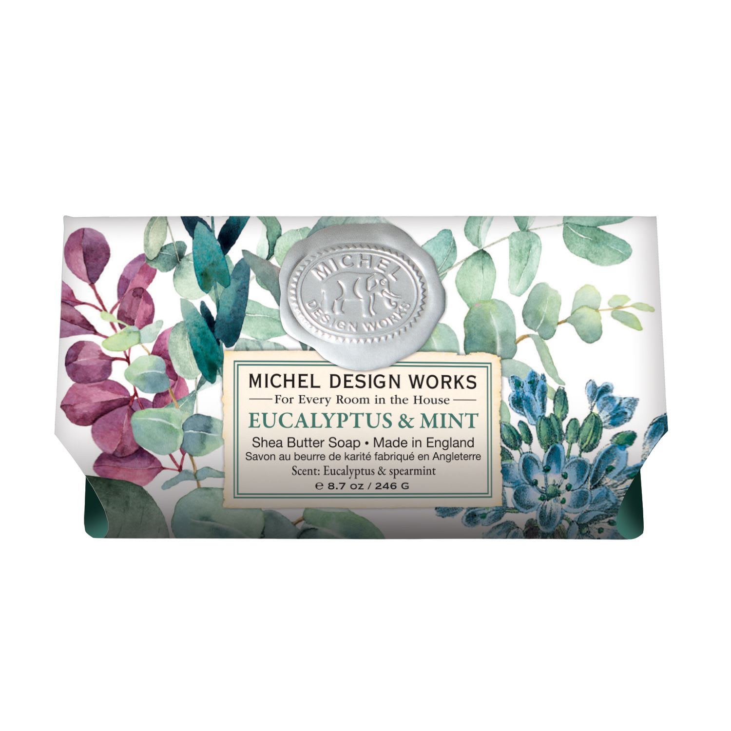 Wrapped bar of eucalyptus and mint soap with floral packaging