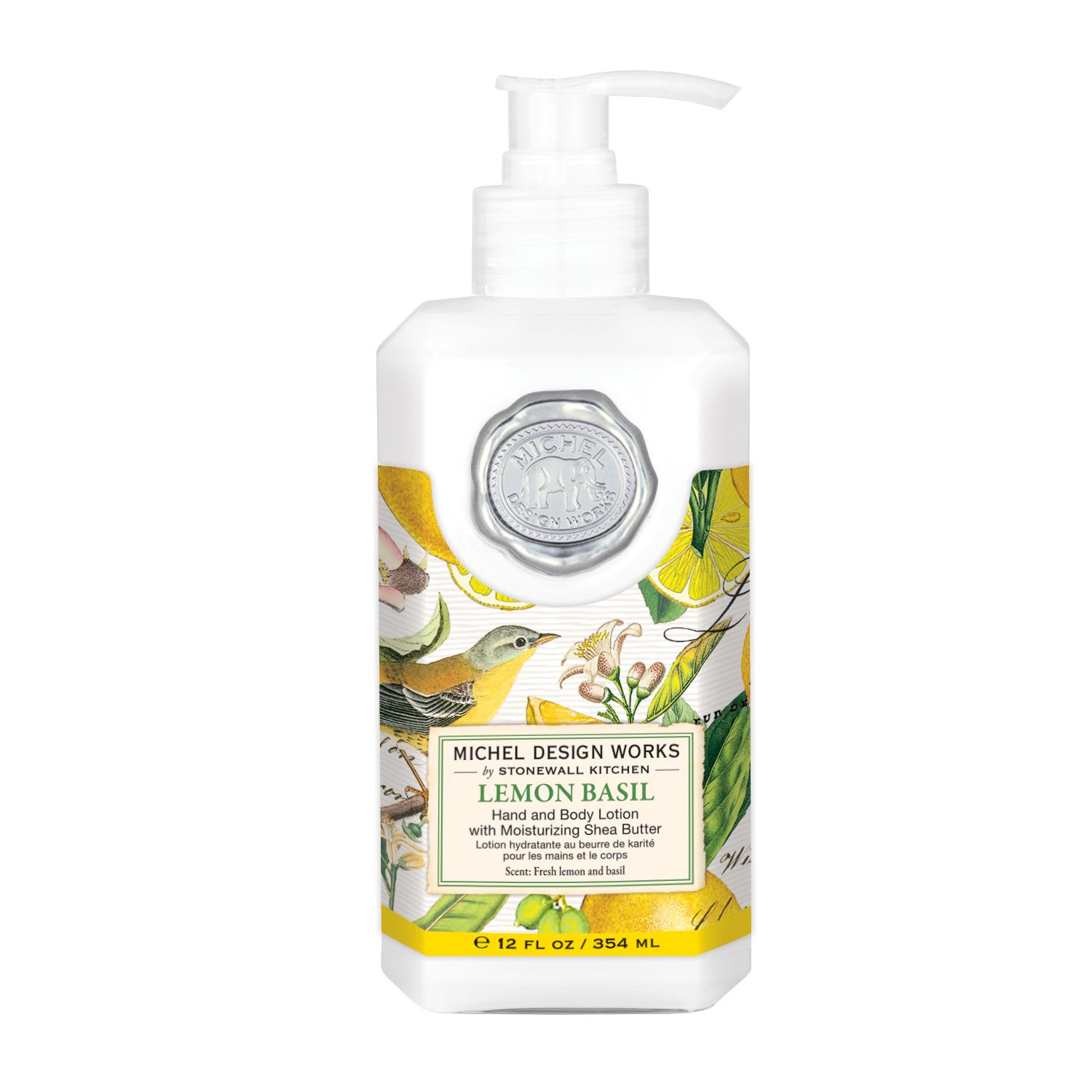 Bottle of lemon basil hand and body lotion with a pump dispenser