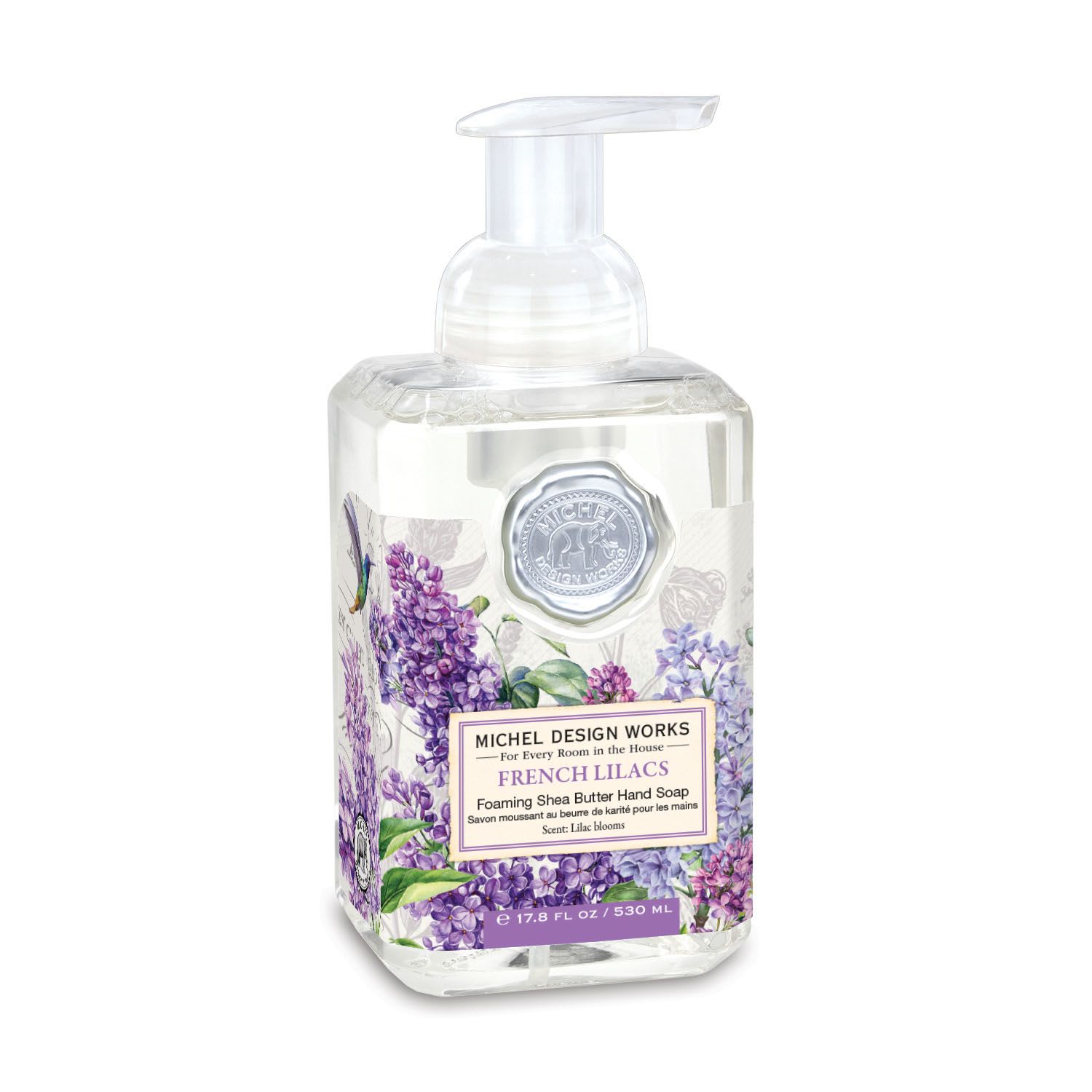 Clear pump bottle of French lilac foaming hand soap