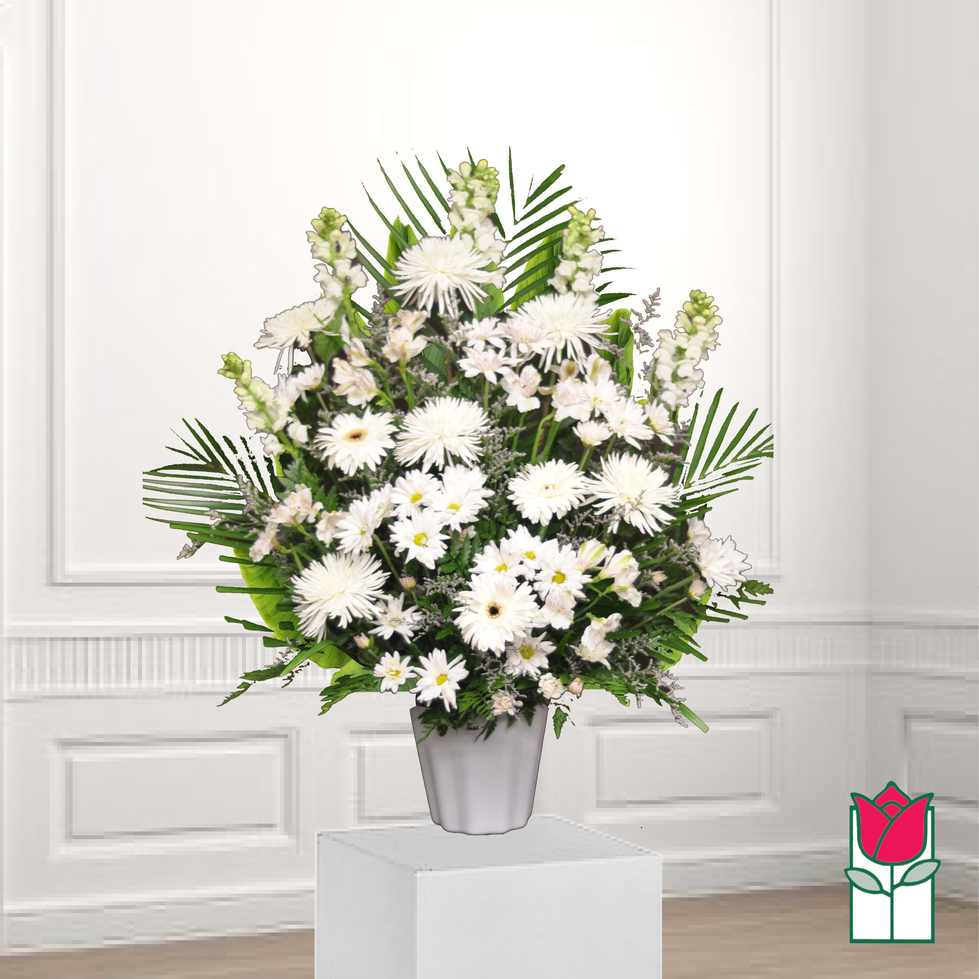 White daisy bouquet in a silver vase
