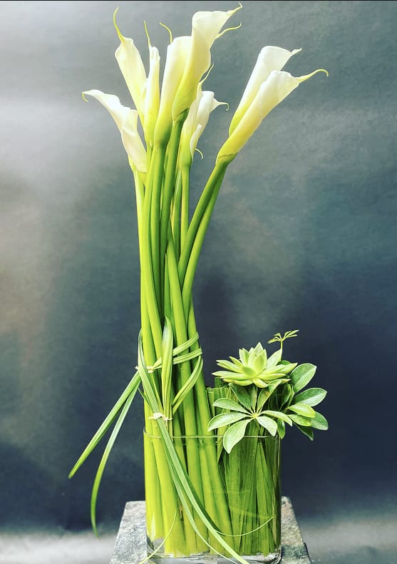 White calla lilies in a tall glass vase beside a small succulent arrangement
