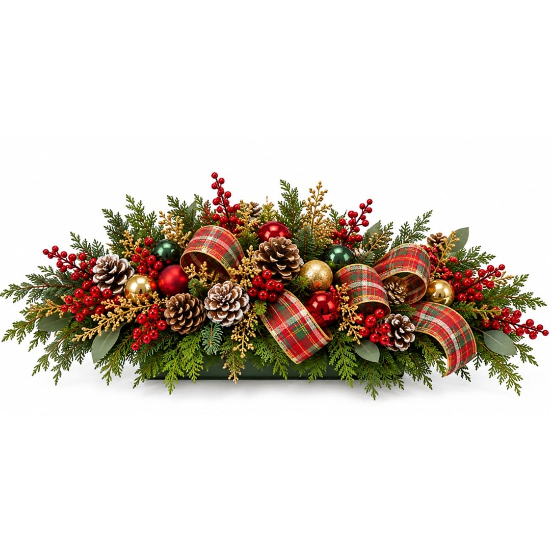 Christmas centerpiece with pinecones, berries, and plaid ribbon