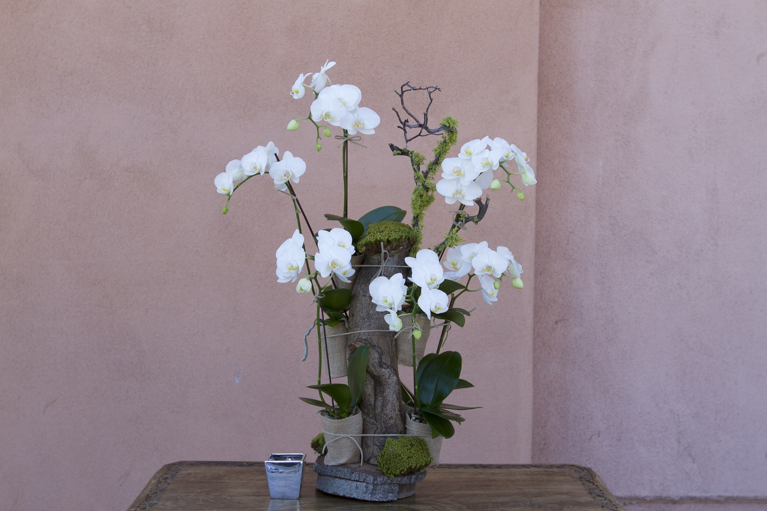 White orchids arranged around a rustic wood centerpiece on a table