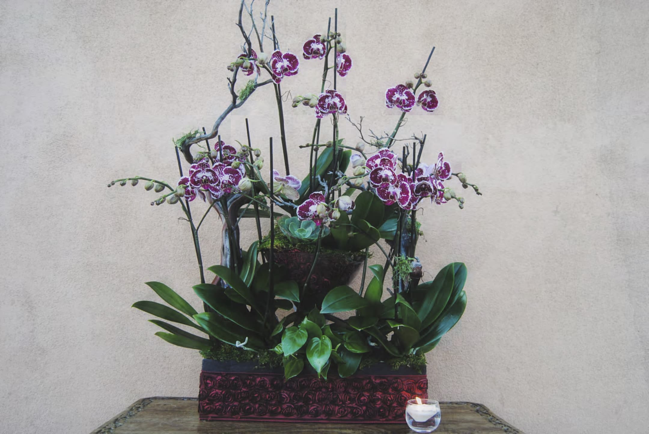 Tall orchid arrangement in a rectangular container with a small candle beside it