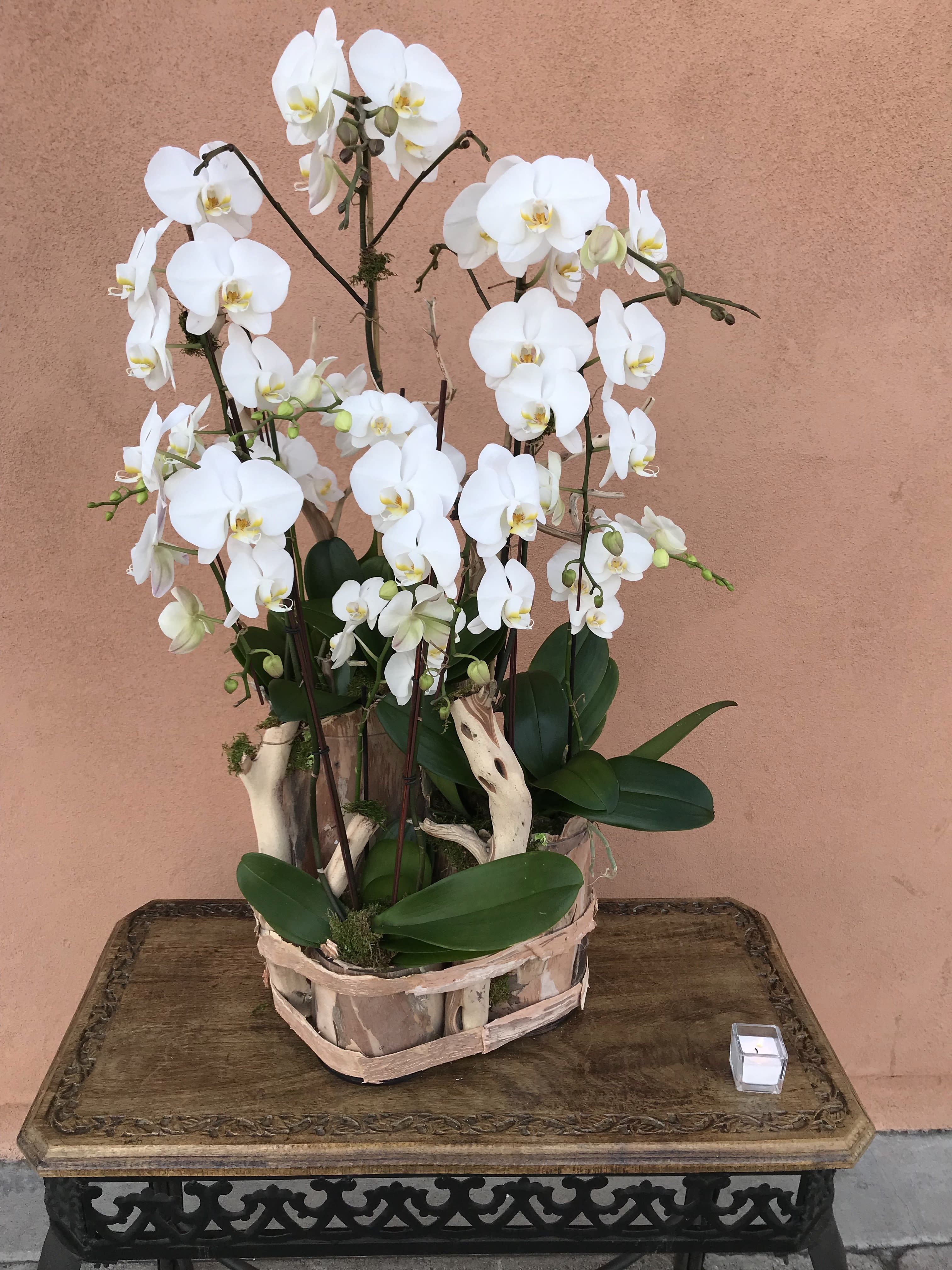 White orchids arranged in a rustic wooden container