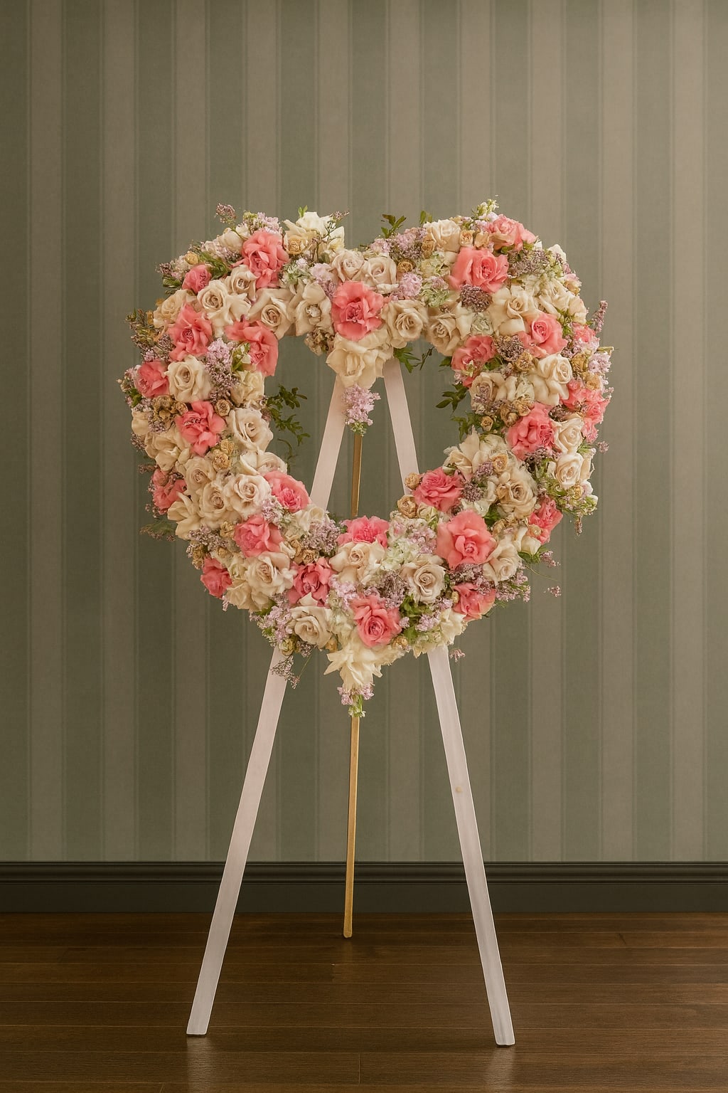 Heart-shaped floral wreath on an easel with pink and cream roses