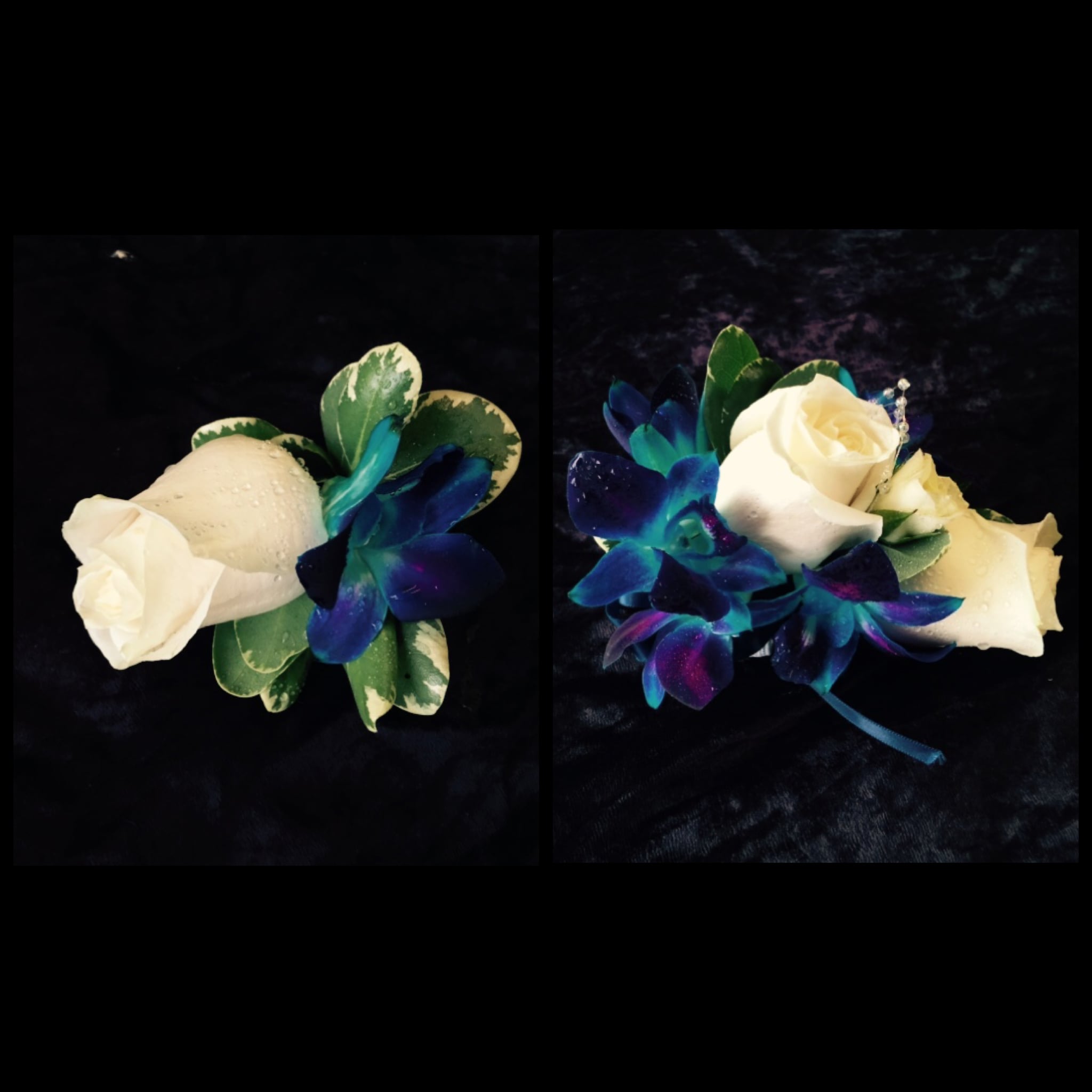 Two white rose boutonnieres with blue-purple orchids on a dark background
