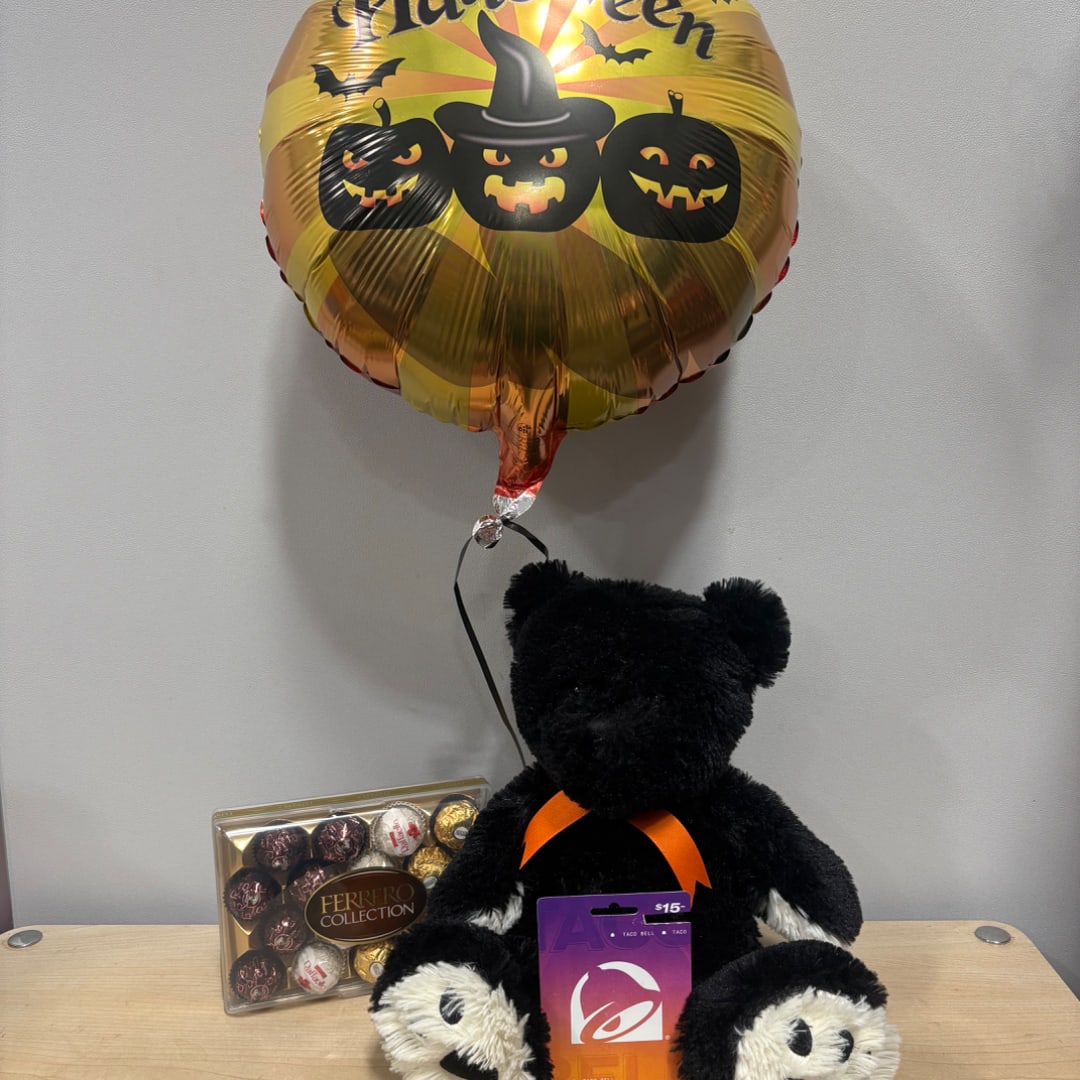 Halloween balloon with a black teddy bear and chocolate box