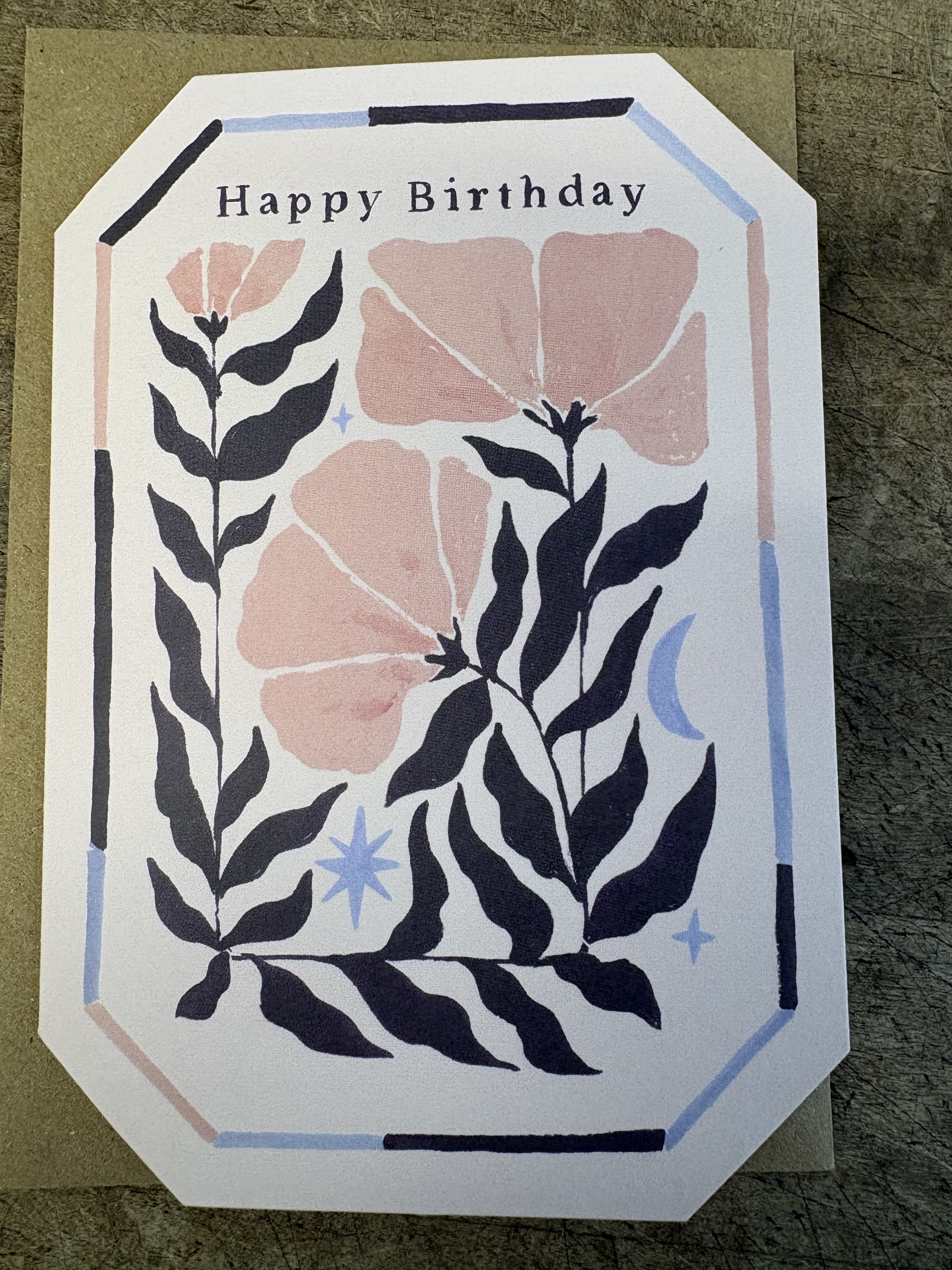 Happy birthday card with pink abstract flowers and dark leaves