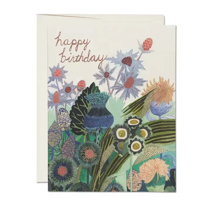 Birthday card with colorful illustrated flowers and "happy birthday" text