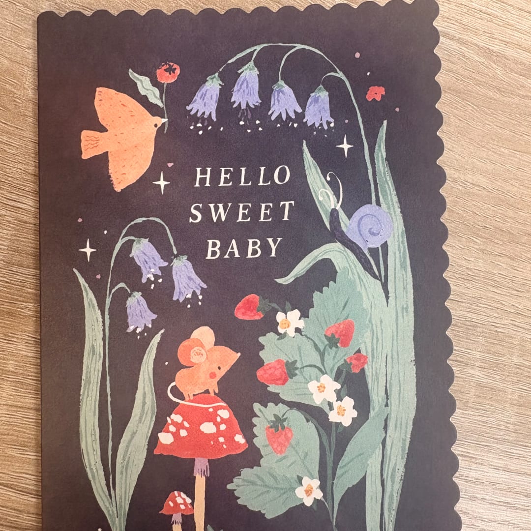 Baby card with illustrated flowers, a bird, and the words "HELLO SWEET BABY"