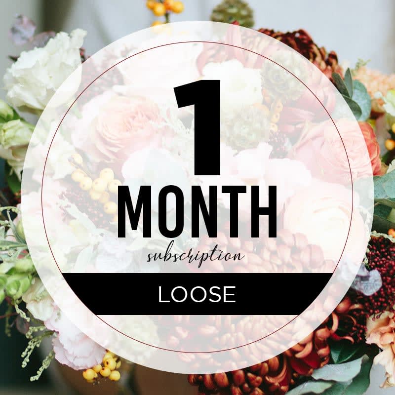 Graphic reading '1 month subscription' over a mixed bouquet of warm-toned flowers