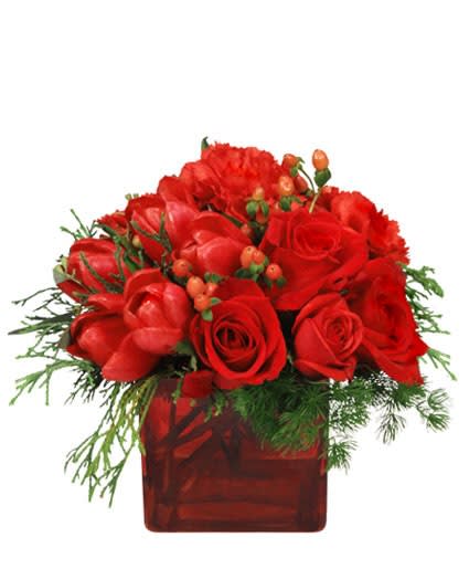 Low red arrangement of roses, carnations, and tulips in a red glass cube vase with red berries