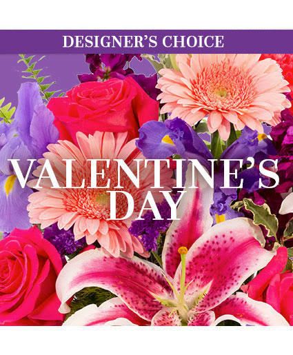 Bright Valentine's Day designer's choice graphic with pink lilies, roses, and gerbera daisies on a purple background