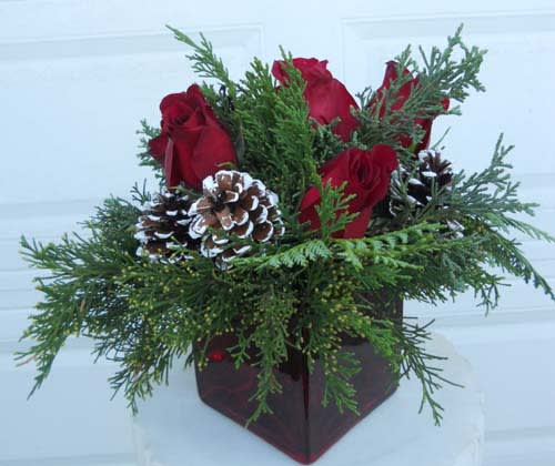Red roses in a square vase with pinecones and evergreen branches