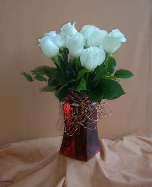 Bouquet of white roses in a red glass vase