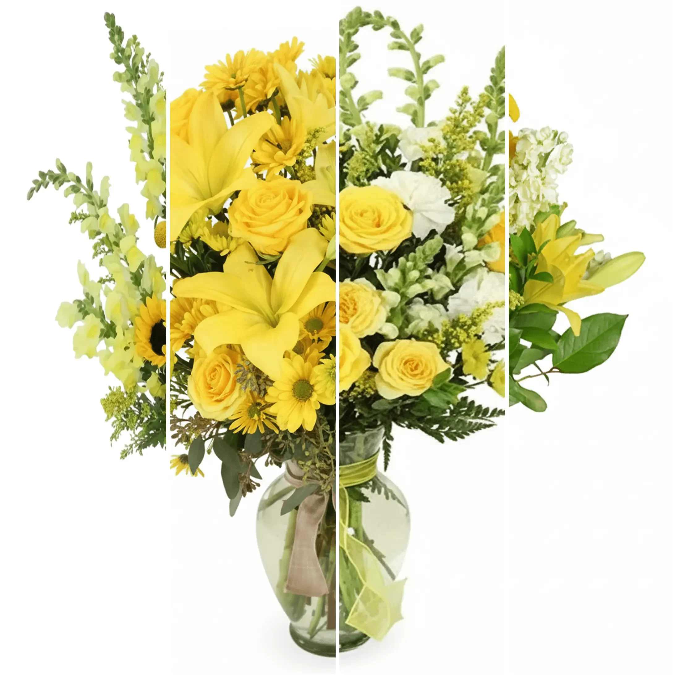 Yellow mixed flower bouquet in a glass vase